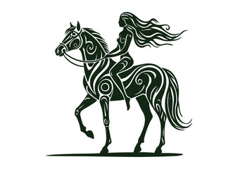 Elegant woman and horse silhouette art white graphics isolated on white background