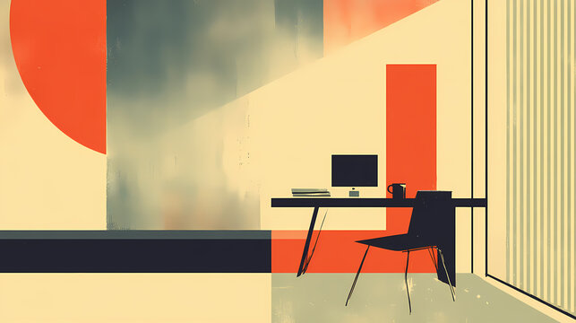 A minimalist office space with daylight pouring in and productivity apps open on screen. minimalist. Illustration
