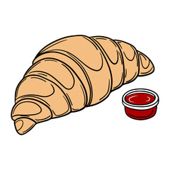 Fresh bakery croissant with strawberries flavor taste jam. Sweet morning french cuisine breakfast. Appetizing and delicious outline art