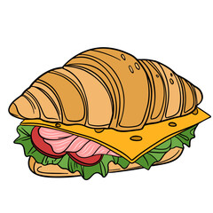 Fresh bakery croissant with salty flavor taste lettuce, tomato, meat or salmon, cheese. Sweet morning french cuisine breakfast. Appetizing and delicious outline art