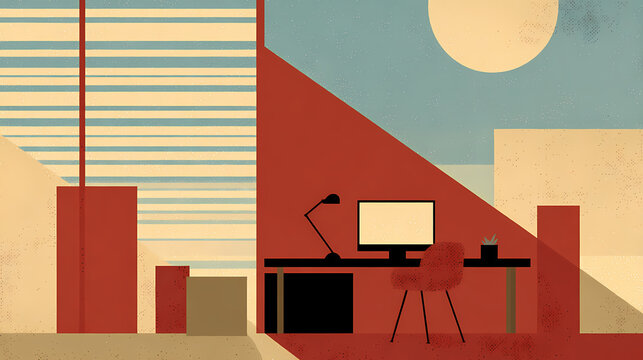 A minimalist office space with daylight pouring in and productivity apps open on screen. minimalist. Illustration