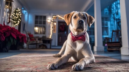 Brown dog laying calmly on a light wooden floor indoors with natural daylight.