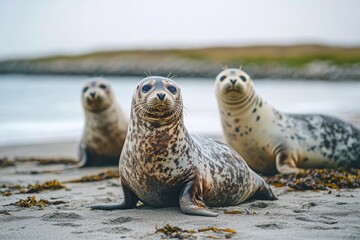 Fototapeta premium In Skagen, Denmark, Europe, seals can be found resting at Grenen, the point of convergence for the North Sea and the Baltic Sea