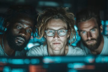Obraz premium Three individuals focused on a computer screen illuminated by blue light showcasing teamwork