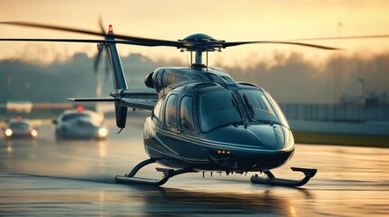 Helicopter landing, airfield, sunrise, cars, transport