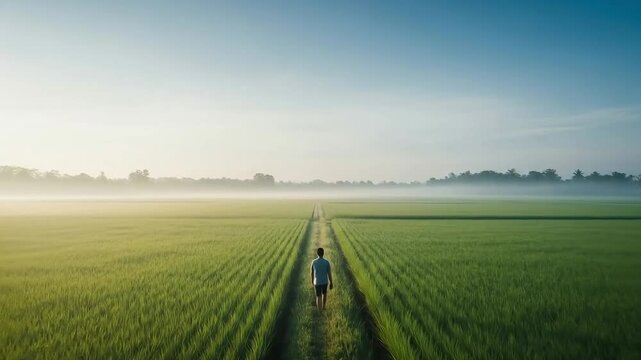 Man walking in a ural road through green fields on a foggy spring morning