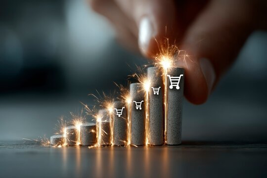 Sparkling Growth Hand Lighting Shopping Cart Icons on Incremental Cylinders for Business Succe