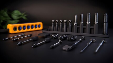 A collection of precision tools arranged neatly on a dark surface with a vibrant background
