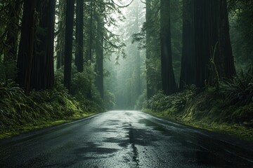 Obraz premium Misty Forest Road: A Rainy Day Adventure