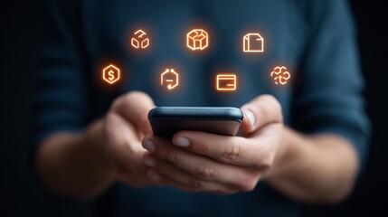 Closeup of hands holding smartphone with semitransparent overlay of floating fintech icons dollar sign credit card blockchain node digital banking technology finance concept