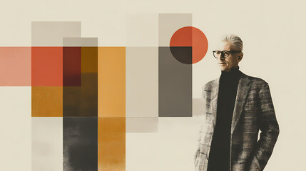 A stylish older man with gray hair and glasses confidently poses against a minimalist background in a smart-casual outfit, exuding charm and sophistication. minimalist. Illustration