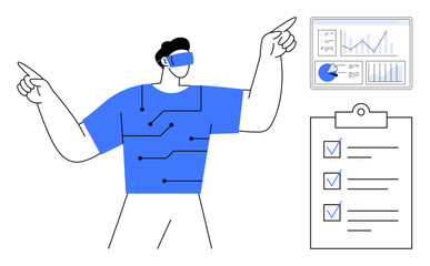 Man wearing a VR headset pointing at digital charts and a checklist. Ideal for technology, VR, innovation, productivity, business strategy, data visualization, simple landing page