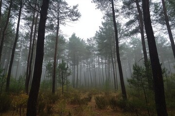Obraz premium Misty Forest Path with Tall Pine Trees