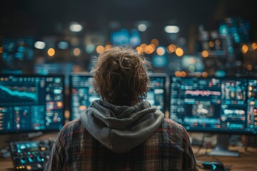 Fototapeta premium Person in a tech environment surrounded by multiple monitors displaying data and graphs weari