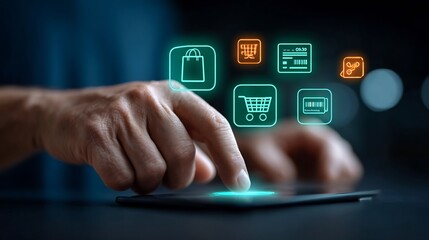 Closeup of hands inputting data POS terminal with semitransparent overlay of hovering retail icons shopping bag barcode receipt transaction processing retail analytics concept
