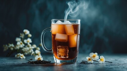 Refreshing ice cold tea with milk in transparent glass with empty copy space for text.