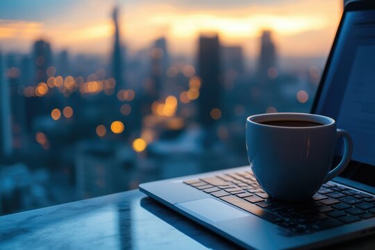 A cup of coffee rests on a laptop against a blurred cityscape at sunset, evoking a sense of calm productivity.