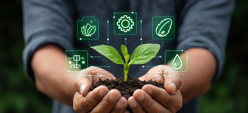Closeup of hands holding plant seedling semitransparent overlay of layered agritech icons leaf water drop gear precision agriculture sustainability concept