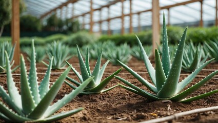 Aloe vera plantation in nursery with rows of aloe plants in a greenhouse setting.
