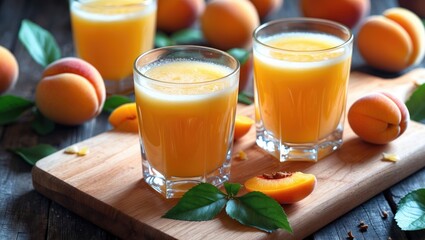 Glasses of fresh apricot juice on wooden cutting board with empty space for text
