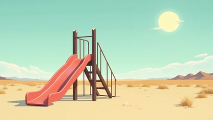 Fototapeta premium illustration playground desert like landscape sky light blue few white clouds scattered across sun shining brightly top right corner casting warm glow over scene foreground red slide wooden structure