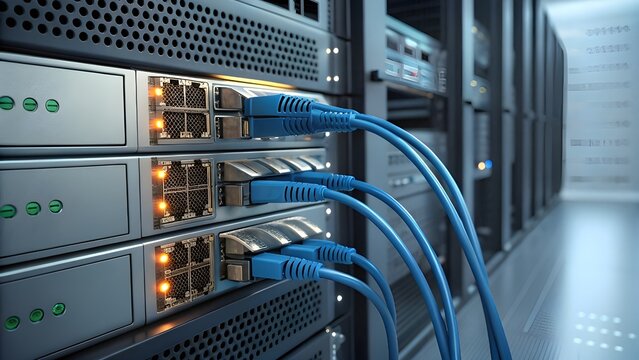 Close-up of server rack with blue fiber optic cables, ideal for data center tech visuals. Close-up of server rack with blue fiber optic cables connected, showcasing data center technology and network  - Powered by Adobe