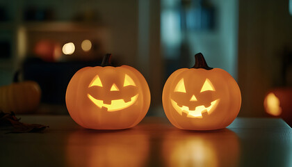 Glowing jack o'lanterns on table in darkness. Halloween decor
