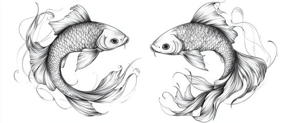 Fototapeta premium Stylized Black and White Illustration of Two Intricate Fish Designs