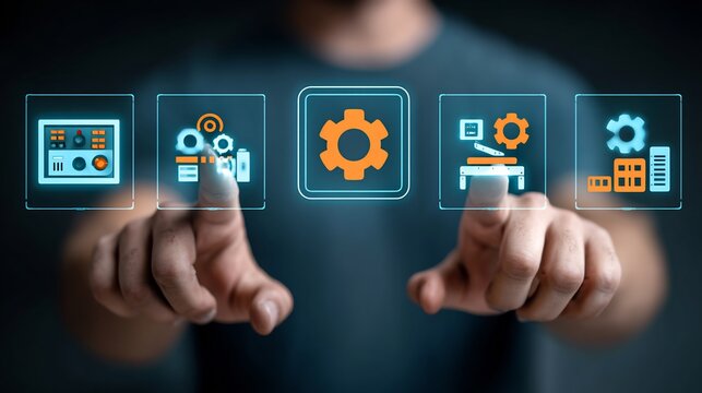 Closeup of hands programming PLC controller semitransparent overlay of hovering industrial icons gear conveyor factory automation control engineering concept