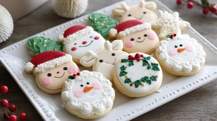 Assorted decorated cookies with colorful icing on a white plate, perfect for festive occasions.