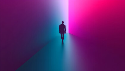 Obraz premium Velvet rope opening to a single glowing figure walking forward on a gradient purple and turquoise path, everything else in shadow, dramatic lighting, XBO brand tones, minimalistic