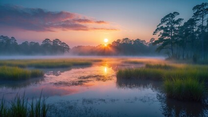 Fototapeta premium A beautiful, colorful landscape of a misty swamp during the sunrise. Atmospheric, tranquil wetland scenery with sun.