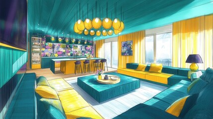 Fototapeta premium Vibrant interior design sketch of a modern living space.