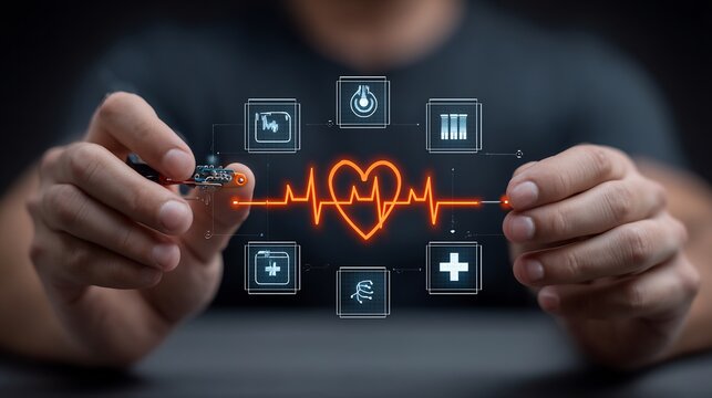 Closeup of hands soldering wearable device semitransparent overlay of layered medical tech icons heartbeat sensor cross health monitoring device concept