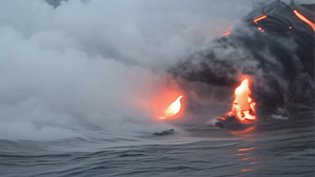 old 2009 archival of Kilauea Volcano in Big Island, Hawaii, United States. the lava glows in the dark as jumps into the sea. A restless volcano that has been in business since 1983. ARCHIVAL FOOTAGE