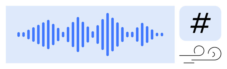Blue audio waveform in the center, metadata tag symbol, and wind graphic. Ideal for sound design, podcast branding, creative tech, audio marketing, social media, streaming content simple landing