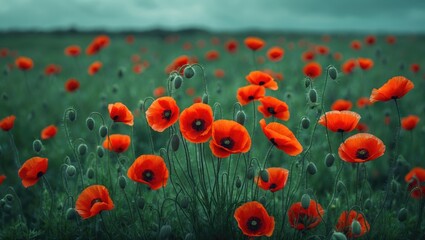 Obraz premium Red poppies in a green meadow with a cloudy sky.