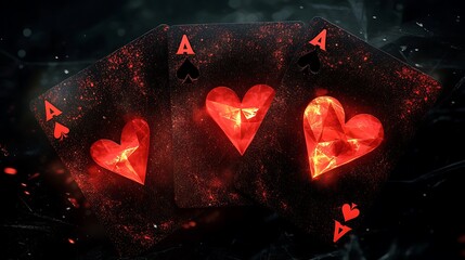 Three playing cards, glowing with red light, against a dark background.