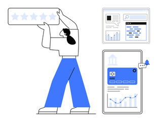 User lifts a five-star rating, accompanied by interactive data dashboards, analytics, and online tools. Ideal for customer feedback, user experience, reviews, digital tools, analytics online
