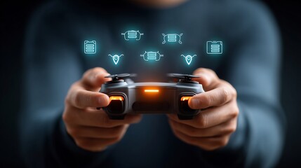 Closeup of hands playing drone controller with semitransparent overlay of floating drone tech icons propeller GPS pin battery unmanned aerial vehicle concept