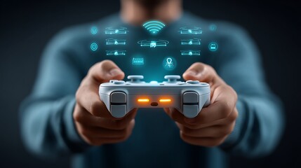 Closeup of hands playing drone controller with semitransparent overlay of floating drone tech icons propeller GPS pin battery unmanned aerial vehicle concept