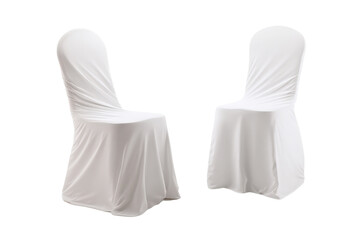 Two elegant white chair covers on chairs against a black background, perfect for wedding reception or formal event decoration, creating a clean and sophisticated aesthetic