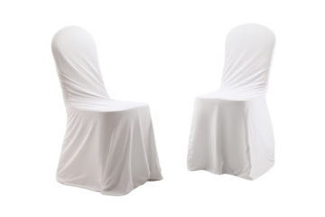 Two elegant white chair covers on chairs against a black background, perfect for wedding reception or formal event decoration, creating a clean and sophisticated aesthetic