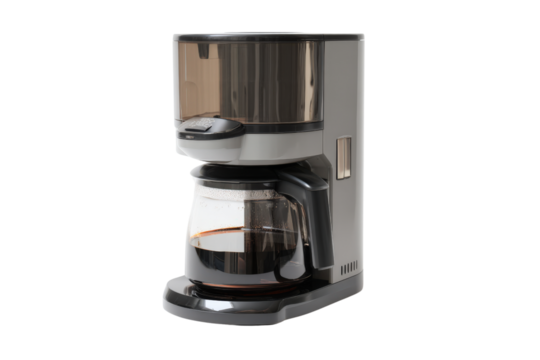 Modern drip coffee maker with glass carafe on a transparent background vector, showcasing brewing process and fresh coffee Concept of morning routine, kitchen appliance, and caffeine