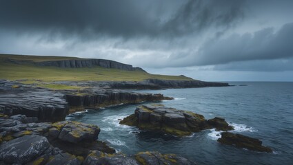 Obraz premium Rocky landscape of an island meeting the sea during summer on a cloudy day