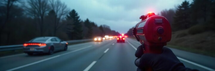 A police radar speed gun pointed down a highway, with blurred cars in the background suggesting fast speeds The image emphasizes the technology used in speed enforcement , speed limit, technology
