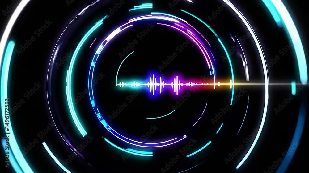 Poster colorful audio spectrum visualization with rotating circles and light effects creates a dynamic and 