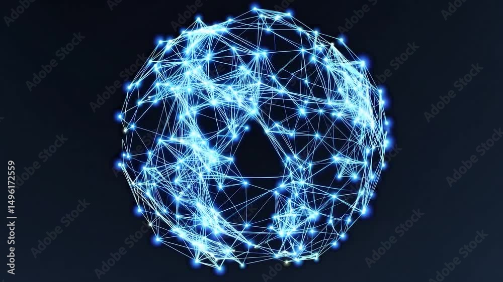 Poster glowing blue plexus sphere rotating and morphing. revealing intricate network connections emerging a
