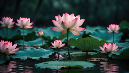 Pink Lotus Flower Bloom In The Pond With Green Leaf, Featuring Empty Copy Space For Text