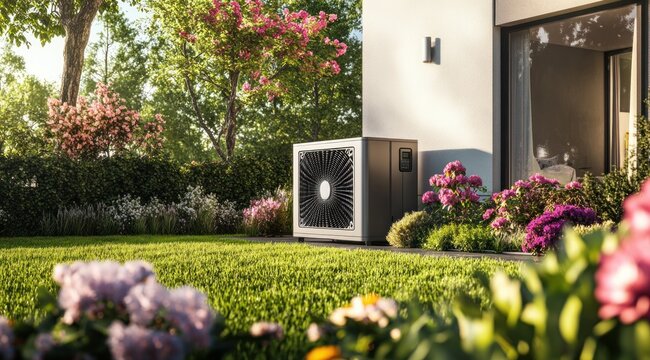 Heat Pump in a Lush Garden: Sustainable Home Comfort